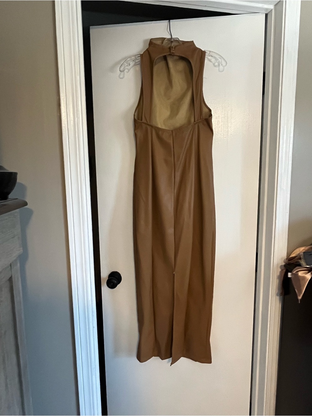 Tan Faux Leather Sleeveless Midi Dress with Open Back